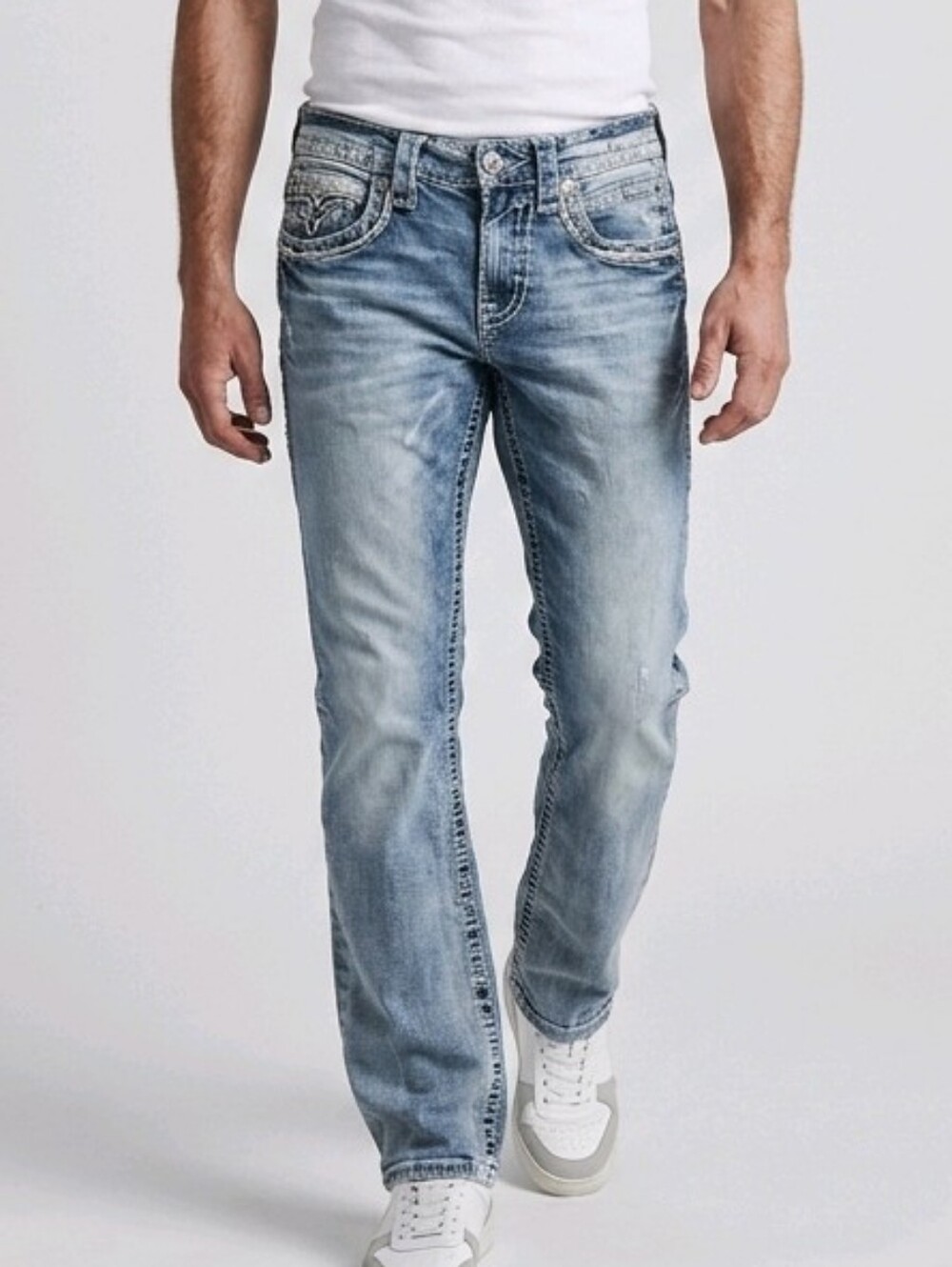 Rock Revival Jeans Mens 32 Blue Denim Boyce Slim Boot Whiskering Embroidered